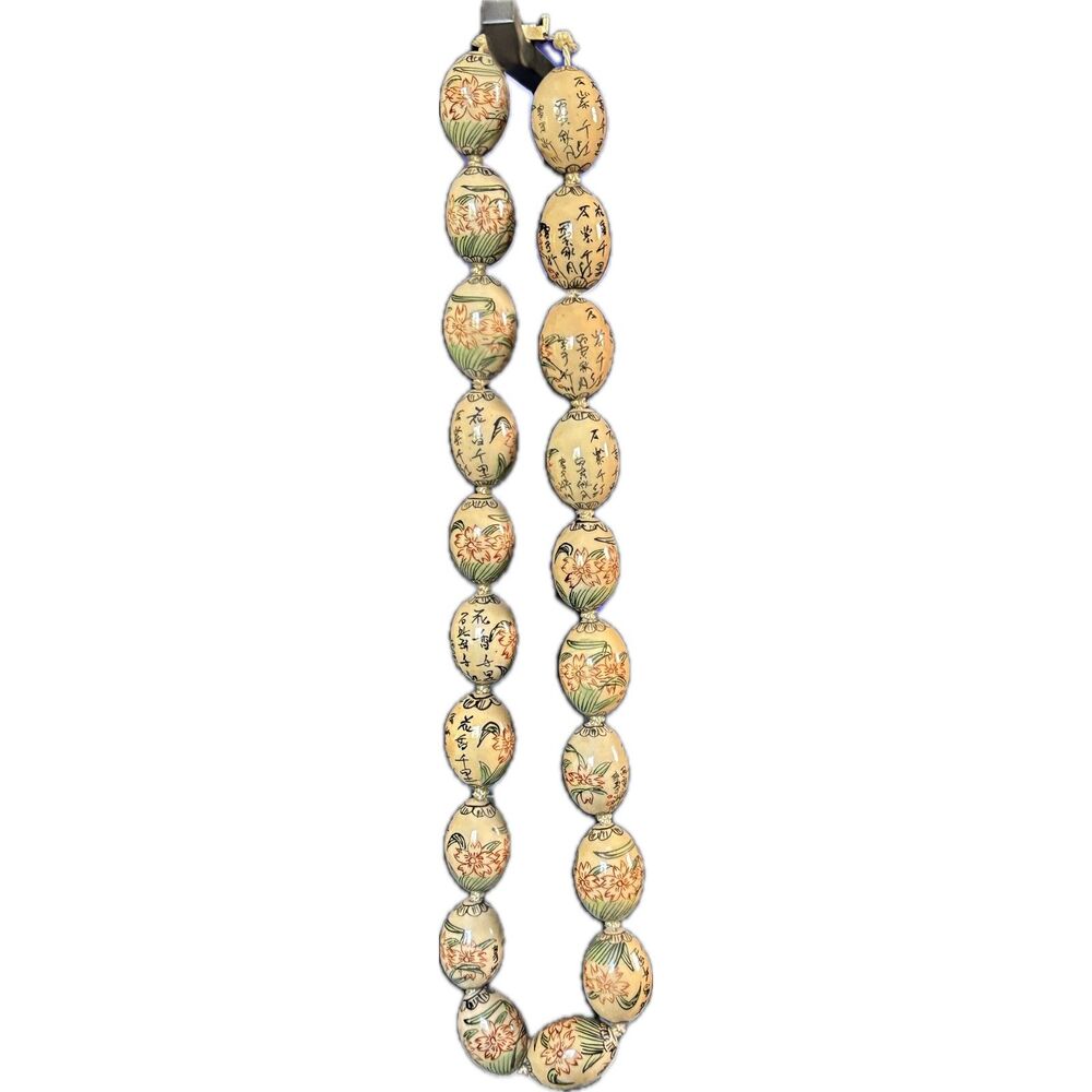 Antique Hand Painted Knotted Chinese Porcelain Shou Large Bead Necklace